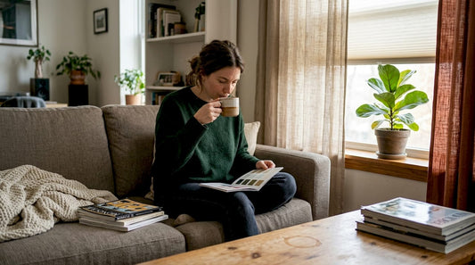 Window Treatment Trends | Woman selecting layered window coverings in cozy living room