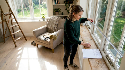 Woman measuring living room window for treatments