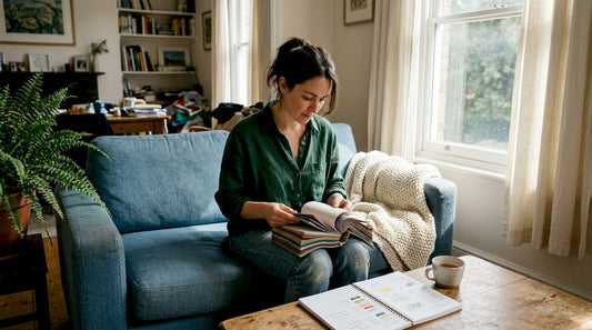 Woman choosing window treatment colors in home