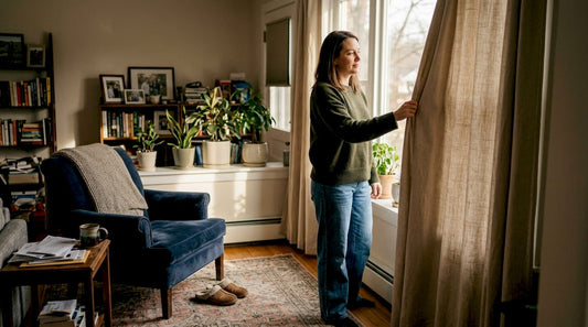 Woman closing lined curtain in sunlit living room