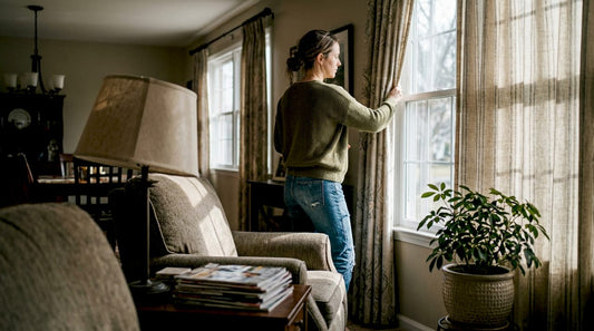 Woman adjusting lined curtains in sunlit living room