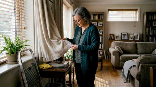 Woman reading curtain care label in living room