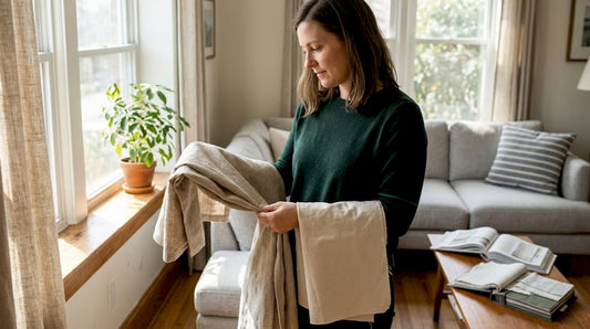 Woman comparing curtain fabric samples by windows