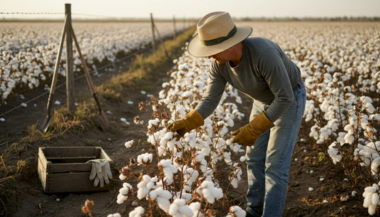 Cotton Fabric where worker inspecting cotton bolls in field