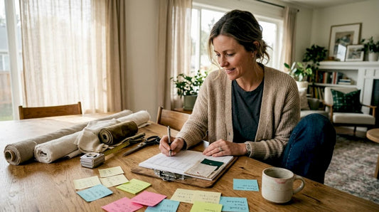 Designer reviewing drapery notes in home workspace