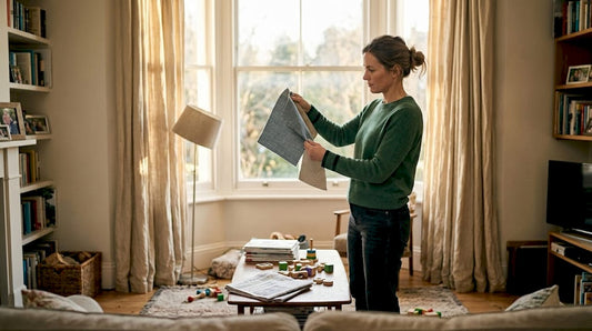 Woman choosing drapery by window