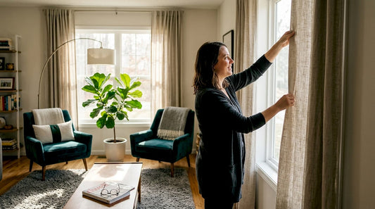 Woman adjusts custom drapes in stylish living room