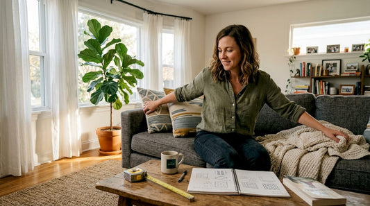Woman arranging decorative textiles living room