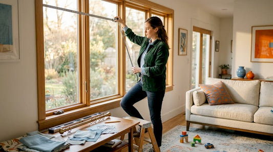 Woman measuring window for curtain installation