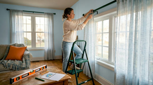 Woman installs curtain rod in bright living room