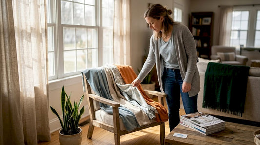 Woman selecting curtain fabrics in sunlit living room