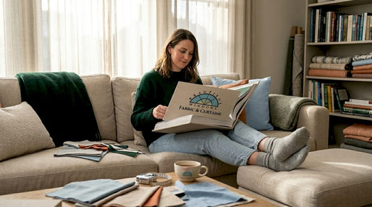 Woman relaxing and comparing fabric swatches in bright living room