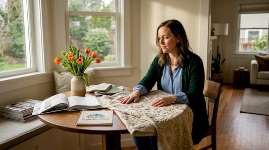 Designer examining embroidered fabric sample in living room