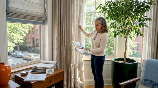 Woman arranging layered window treatments