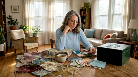 Woman choosing upholstery fabric swatches at table