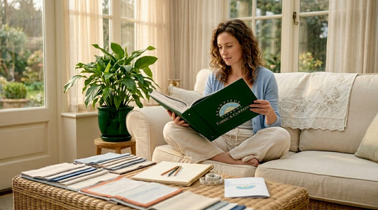 Designer reviewing upholstery fabric samples on sofa