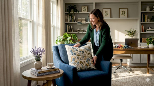 Woman adjusting embroidered pillow on sofa