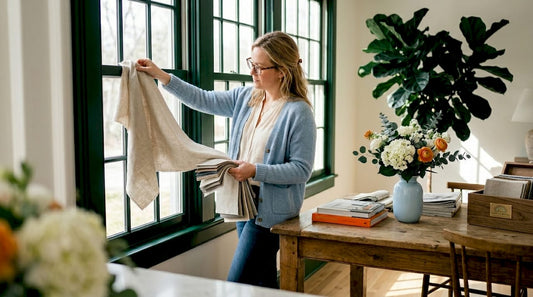 Designer examining drapery fabric by window