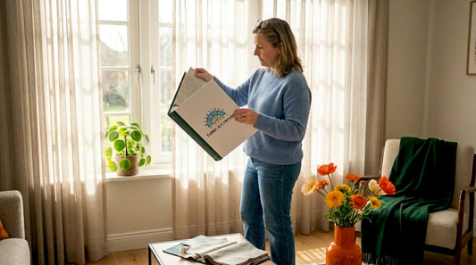 Woman comparing drapery fabrics by window