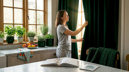 Woman closing blackout curtains in bedroom