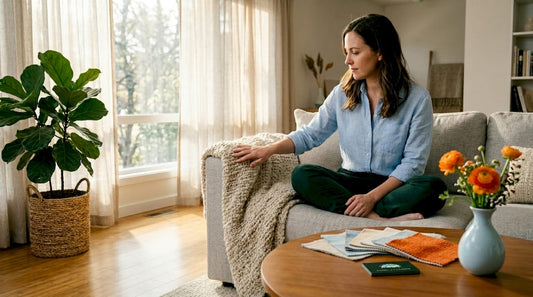 Woman touching textured throw on sofa