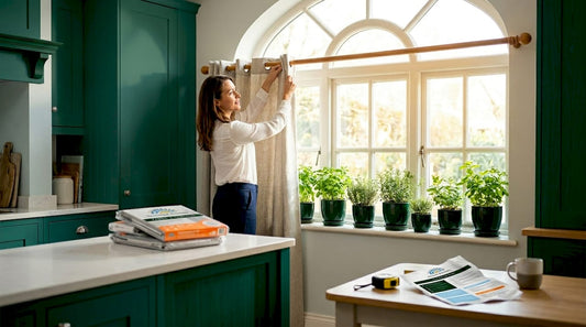 Woman hangs readymade curtains in sunny living room