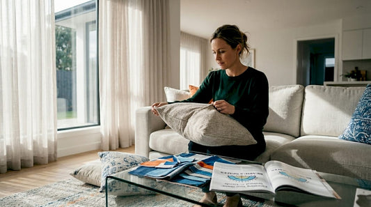 Woman checking sofa upholstery durability at home