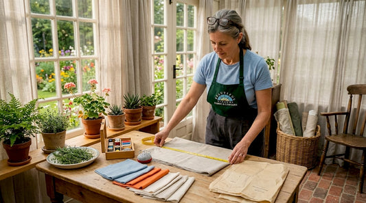 Woman measuring curtain fabric in kitchen