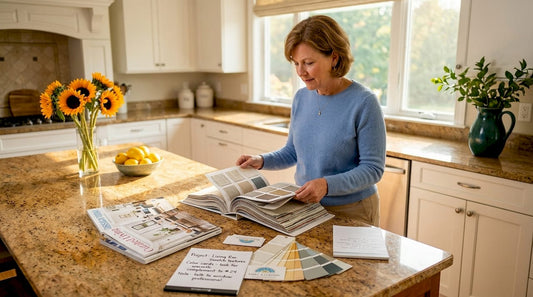 Homeowner examining textiles at kitchen island
