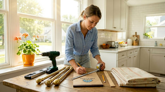 Woman preparing curtain tools on dining table