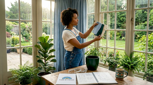 Woman compares fabric samples near living room window