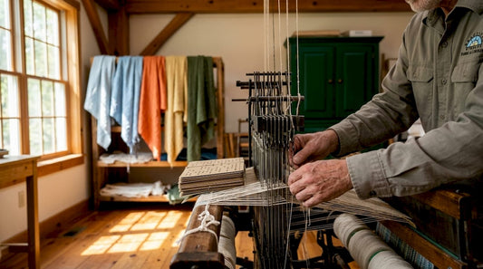 Hands weaving jacquard fabric on loom