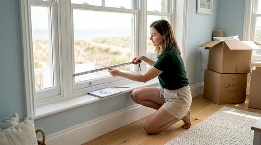 Person measuring window width inside frame