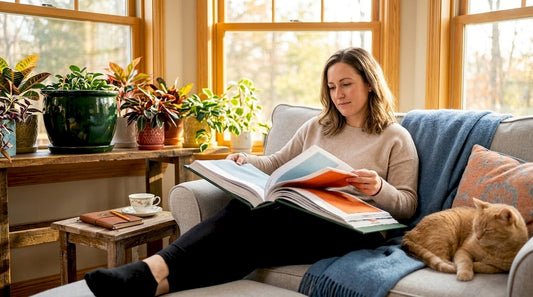 Homeowner browsing curtain fabric samples on sofa