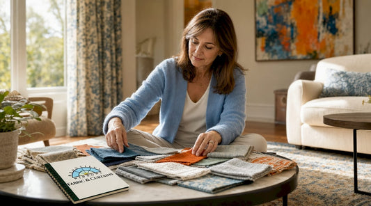Woman examining fabric swatches on sofa