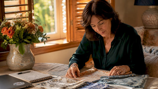Woman reviewing decorative textile samples at home