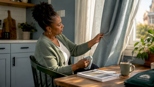 Homeowner examining fabric curtains by window