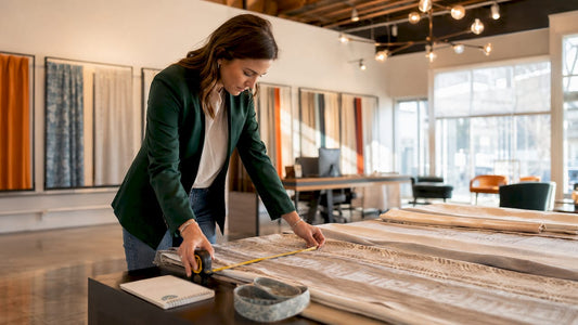 Designer comparing curtain panels on table