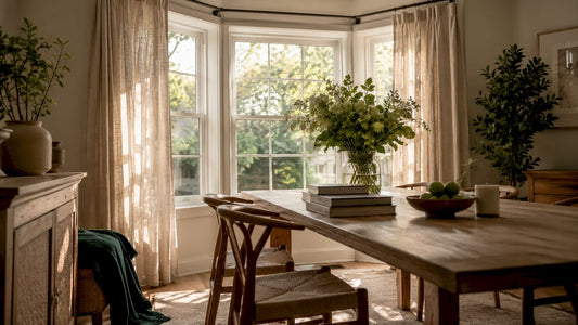 Close up texture of linen blend curtains in living room