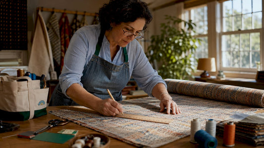 Woman measuring upholstery fabric in workshop