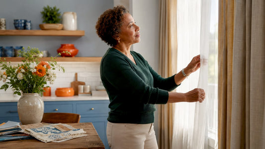 Woman arranging layered sheer and drape curtains