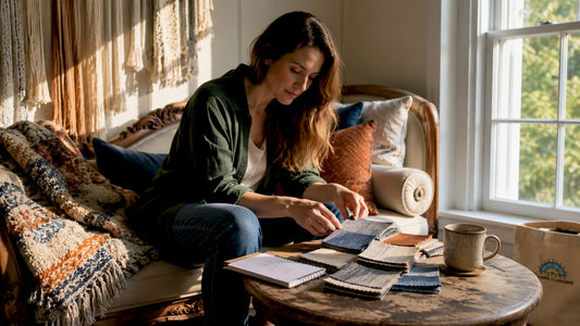 Woman arranging textiles and fabric swatches in living room