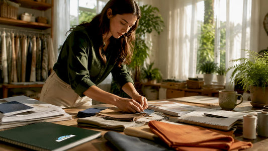 Interior designer comparing fabric samples at home studio
