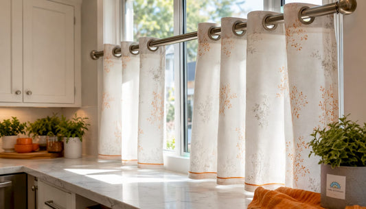 Close-up of grommeted curtain panel on rod
