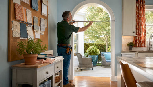 Man measuring window width for custom drapery