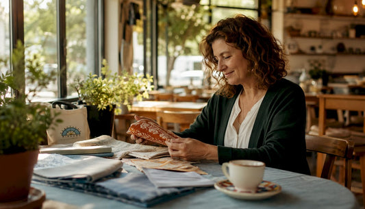 Fabricemporiumsc.com Alternatives for Quality Fabrics & Drapery| Woman examining fabric swatches at kitchen table