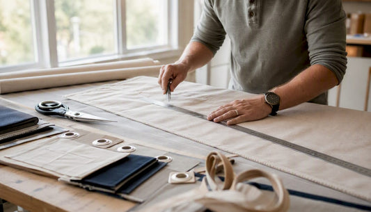 Hands measuring marine fabric on work table