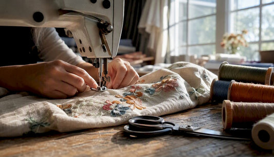 Hands stitching embroidered fabric on sewing machine