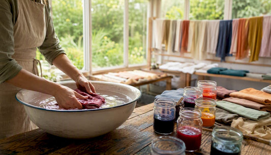 Hands rinsing dyed fabric in workshop