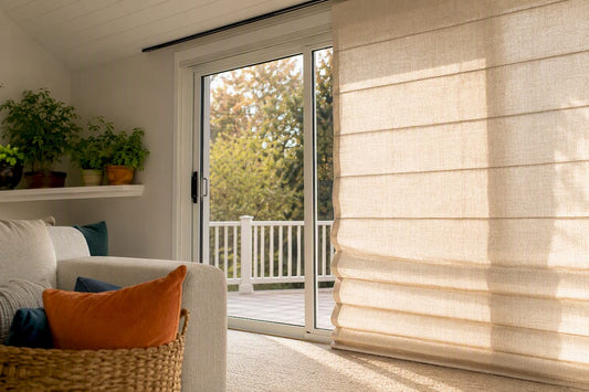 Sliding glass door with panel-track drapery